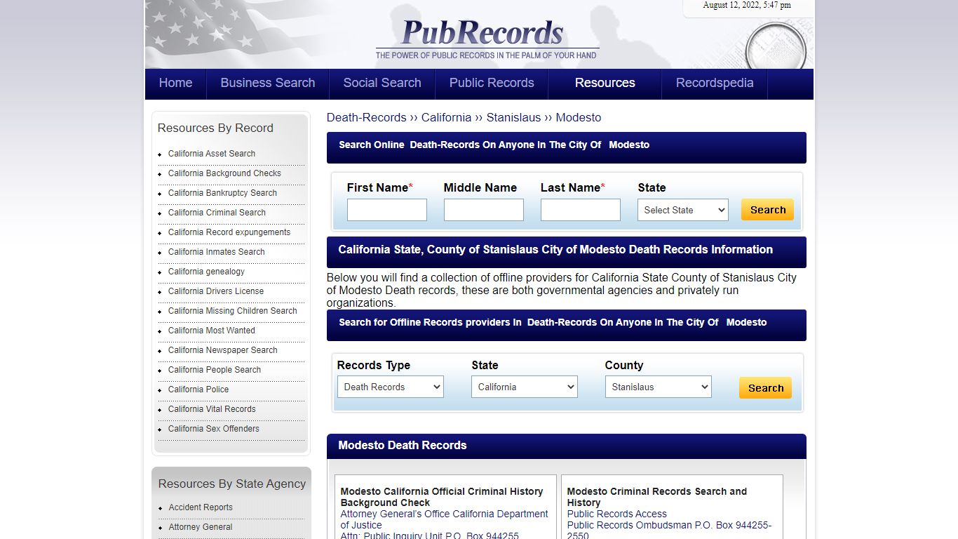 Modesto, Stanislaus County, California Death Records